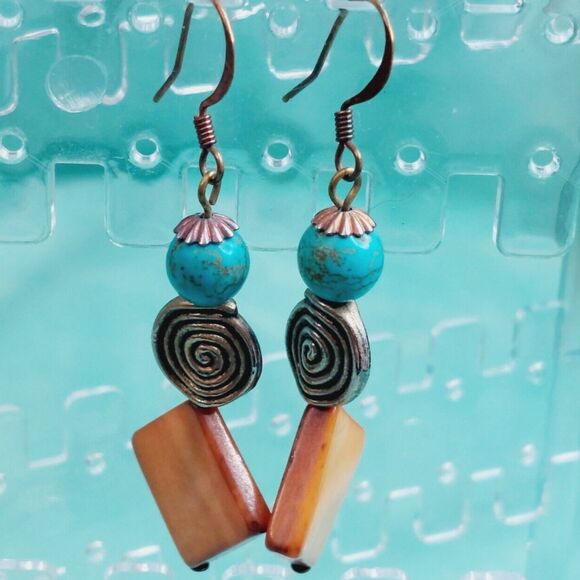 Handmade Dangle Earrings Turquoise Mother Of Pearl Silver Tone bohemian beachy - Picture 1 of 6